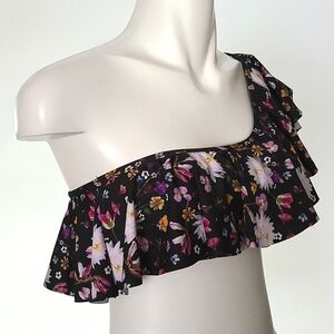 La‎ Vie en Rose One Shoulder  Ruffle Bandeau Bikini Top Black Print Size Medium